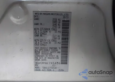 2016 Nissan Rogue Sl from USA, damaged, VIN 5N1AT2MT6GC745416